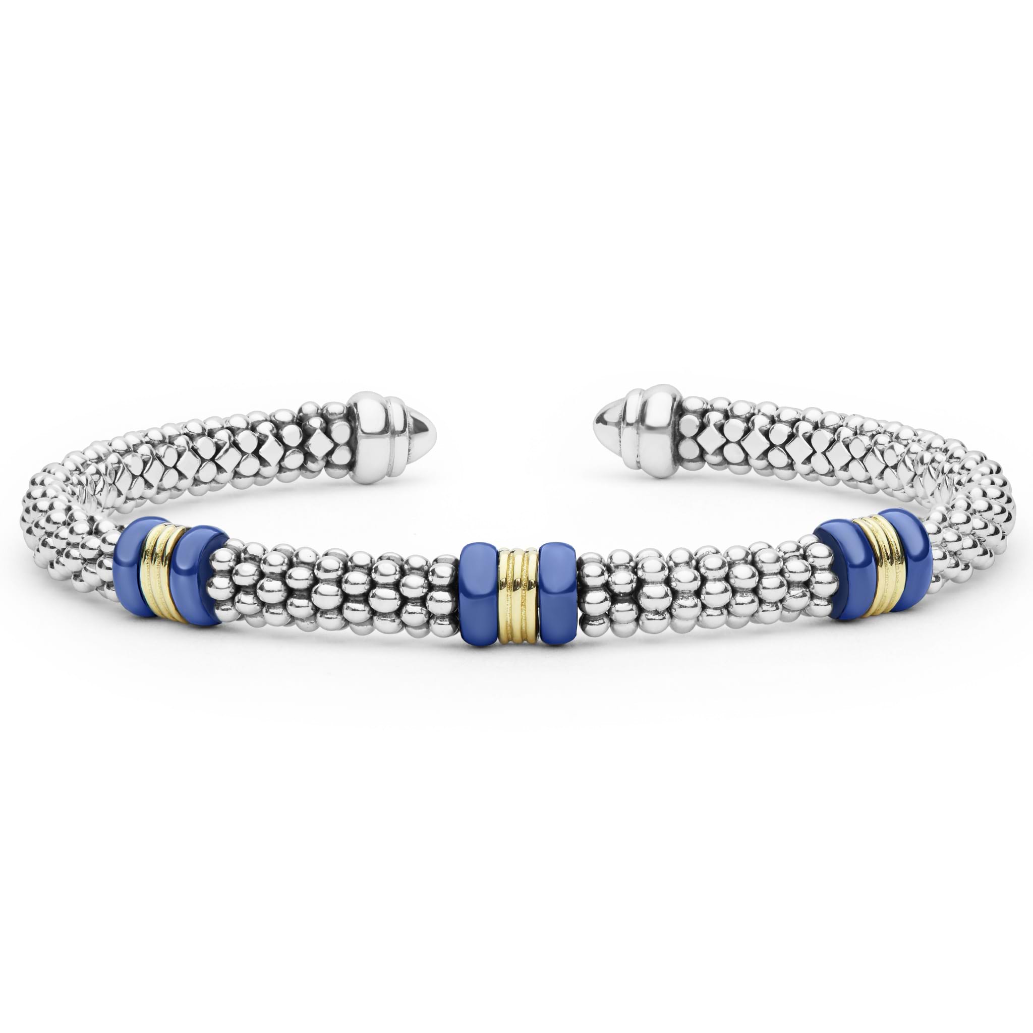  5mm, showcasing sterling silver caviar beading with 18K gold stations and ultramarine ceramic accents.