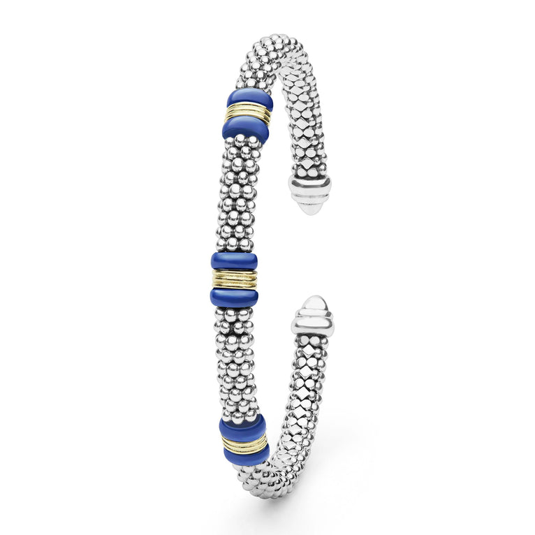  5mm featuring sterling silver caviar beading, with 18K gold stations and ultramarine ceramic accents.