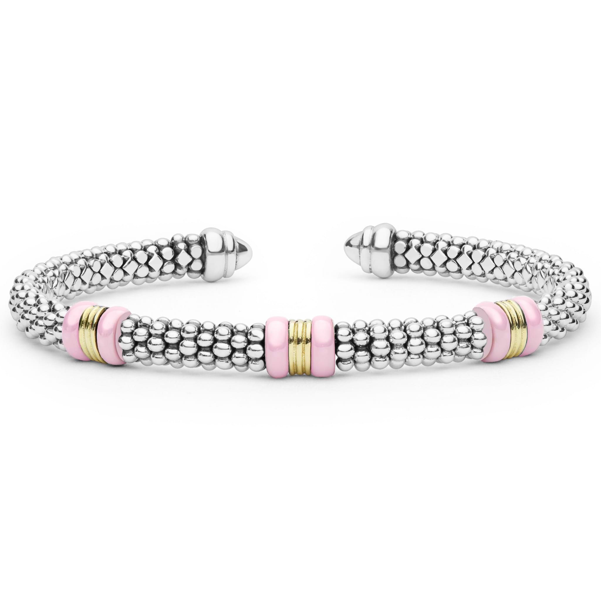  5mm: Sterling silver cuff with caviar beading, featuring pastel-pink ceramic accents and 18K gold stations.