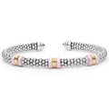  5mm: Sterling silver cuff with caviar beading, featuring pastel-pink ceramic accents and 18K gold stations.