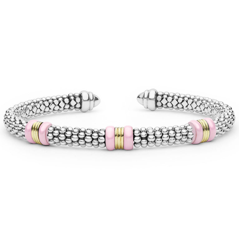  5mm: Sterling silver cuff with caviar beading, featuring pastel-pink ceramic accents and 18K gold stations.