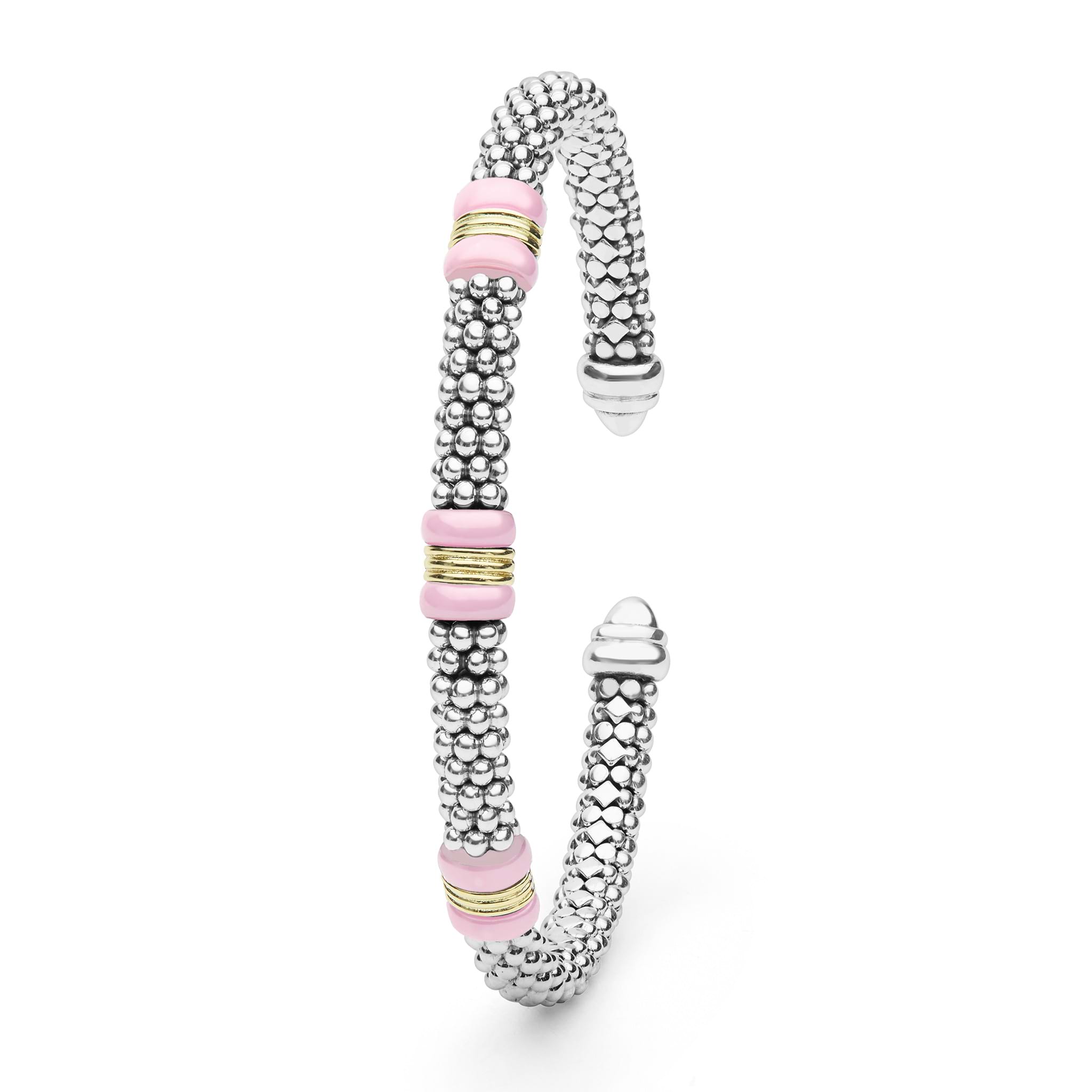  5mm featuring sterling silver caviar beading, 18K gold stations, and pastel-pink ceramic accents in a flexible design.