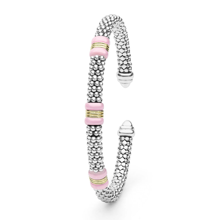  5mm featuring sterling silver caviar beading, 18K gold stations, and pastel-pink ceramic accents in a flexible design.