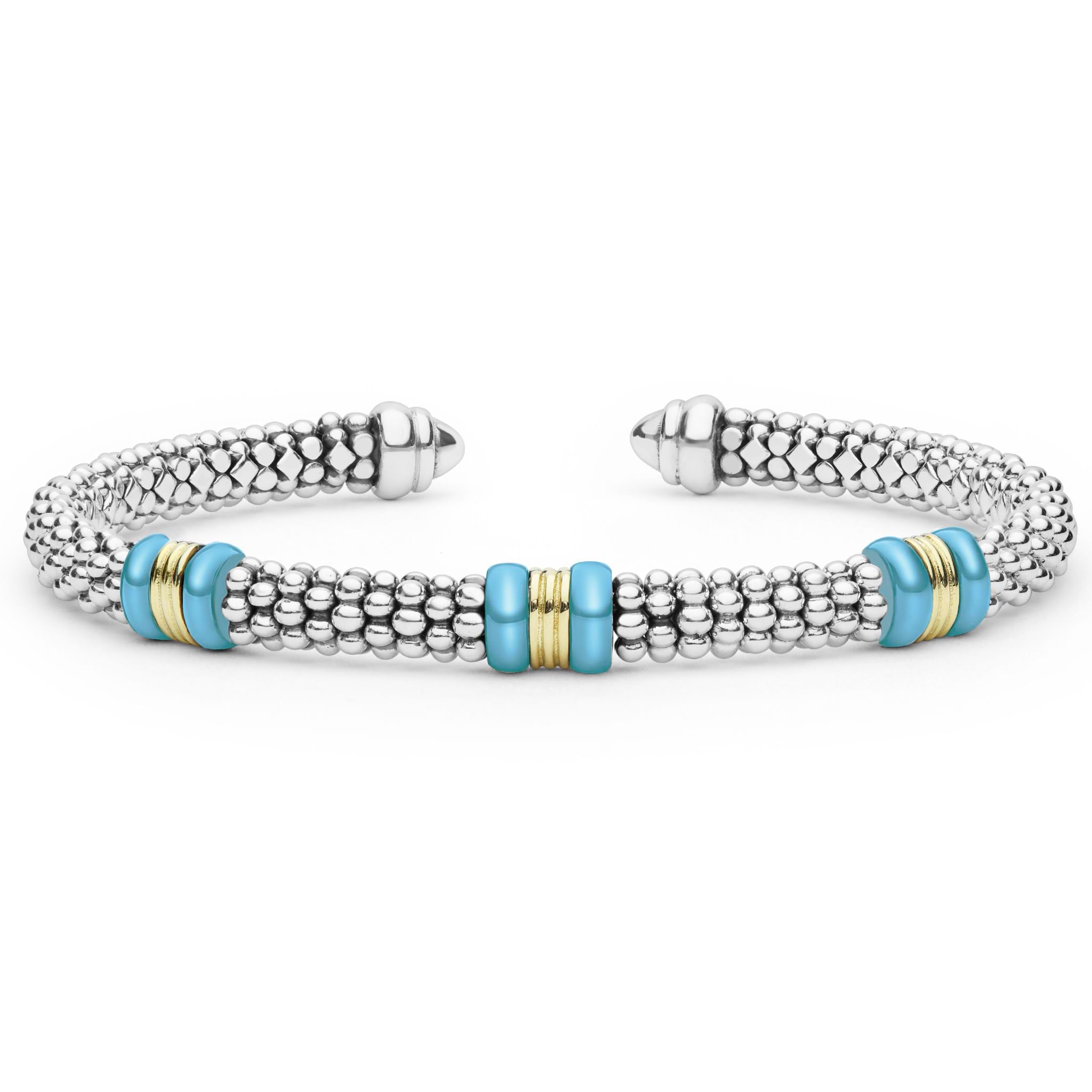 Blue Caviar Two-Tone Three Station Blue Ceramic Versa Torque Bracelet featuring sterling silver caviar beading, 18K gold stations, and vibrant blue ceramic accents.