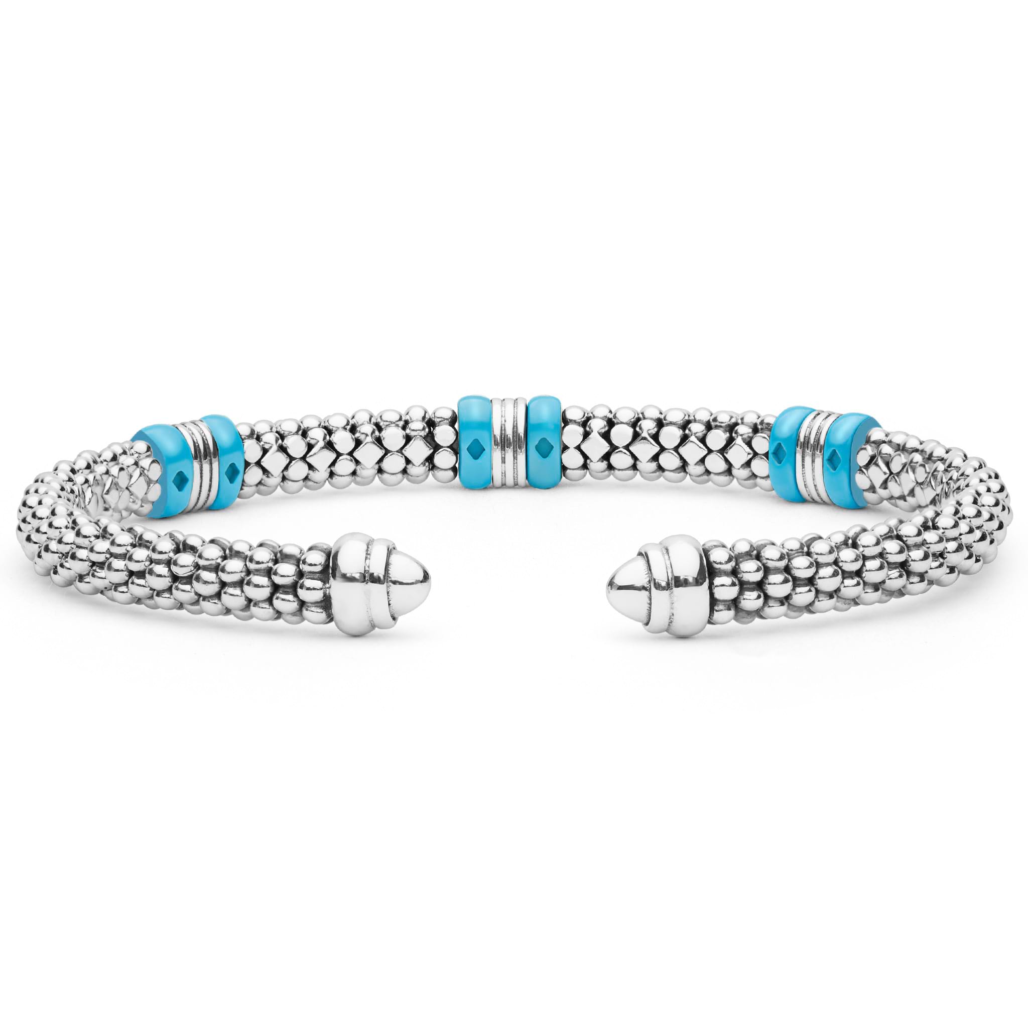  5mm featuring sterling silver caviar beading, 18K gold stations, and blue ceramic accents in a cuff design.
