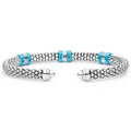  5mm featuring sterling silver caviar beading, 18K gold stations, and blue ceramic accents in a cuff design.