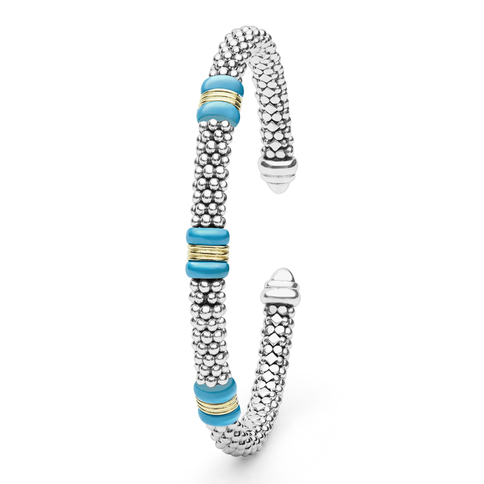  5mm featuring sterling silver caviar beading, 18K gold accents, and vibrant blue ceramic details.