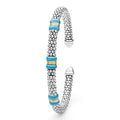  5mm featuring sterling silver caviar beading, 18K gold accents, and vibrant blue ceramic details.