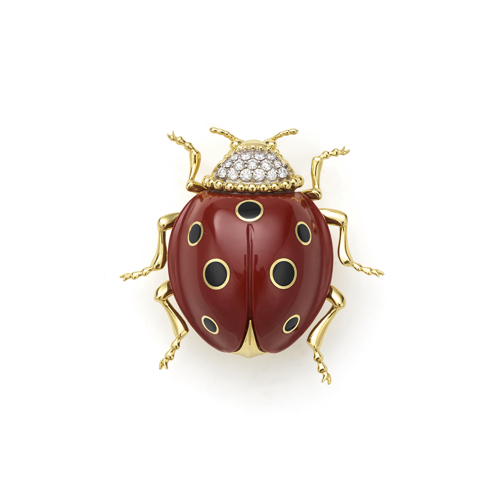 Rare Wonders 18K Gold Red Jade and Onyx Lady Bug Pin