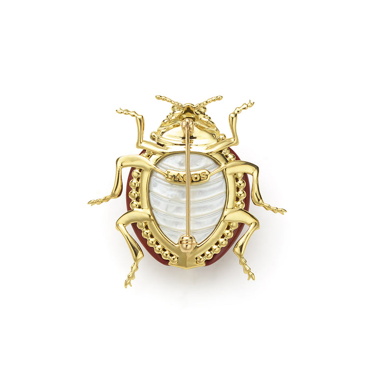 Rare Wonders 18K Gold Red Jade and Onyx Lady Bug Pin
