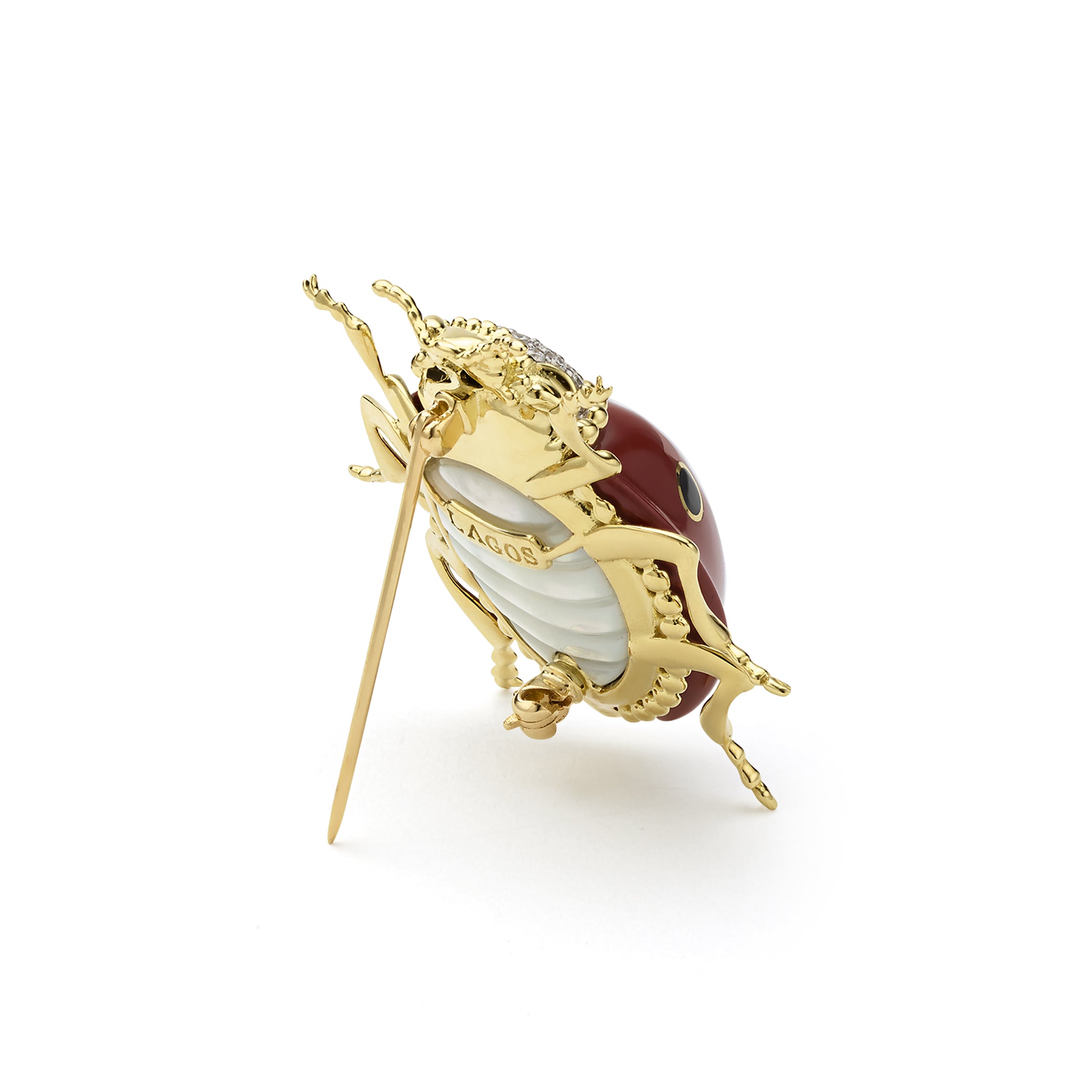 Rare Wonders 18K Gold Red Jade and Onyx Lady Bug Pin