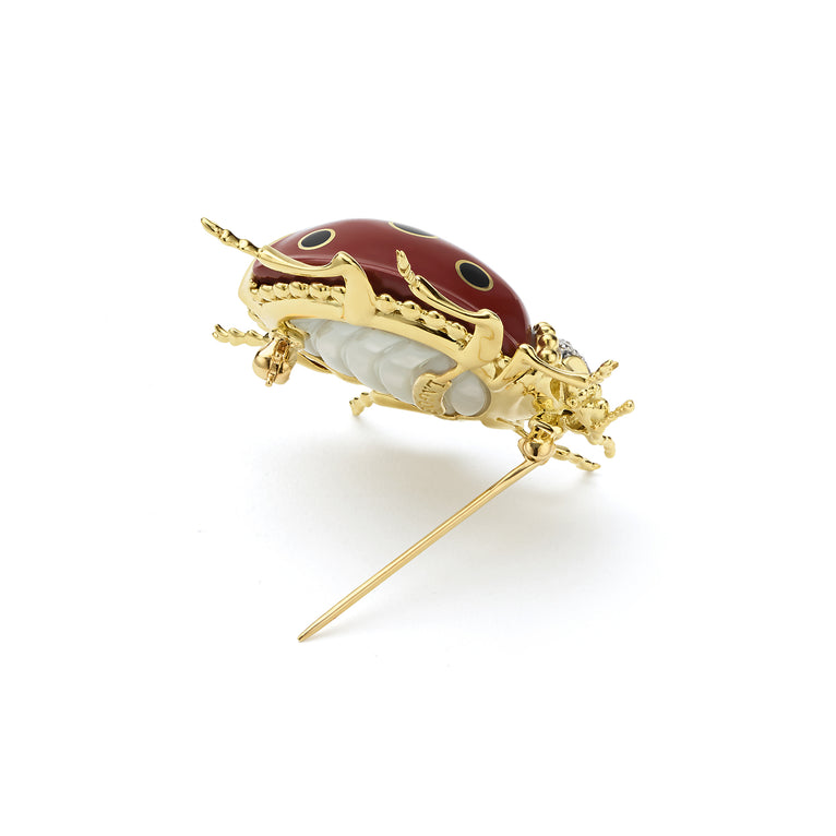 Rare Wonders 18K Gold Red Jade and Onyx Lady Bug Pin