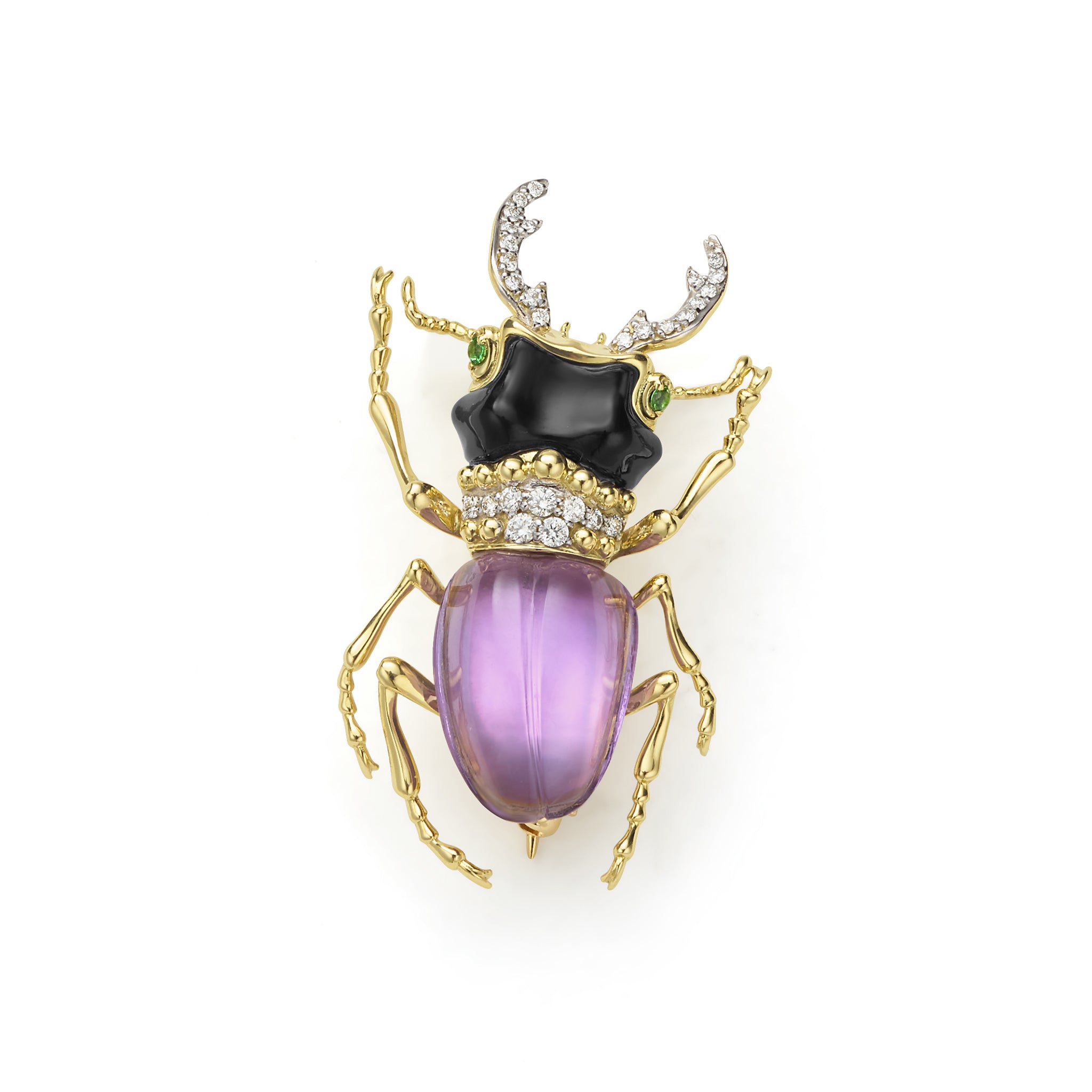 Rare Wonders 18K Gold Amethyst and Onyx Stag Beetle Pin