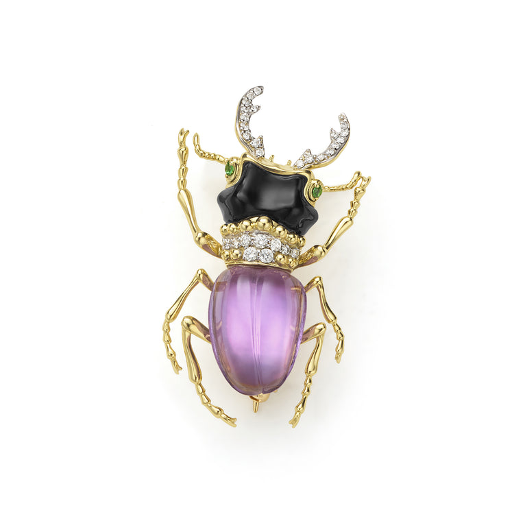 Rare Wonders 18K Gold Amethyst and Onyx Stag Beetle Pin
