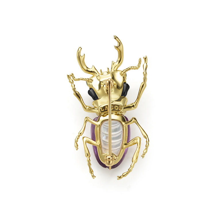 Rare Wonders 18K Gold Amethyst and Onyx Stag Beetle Pin
