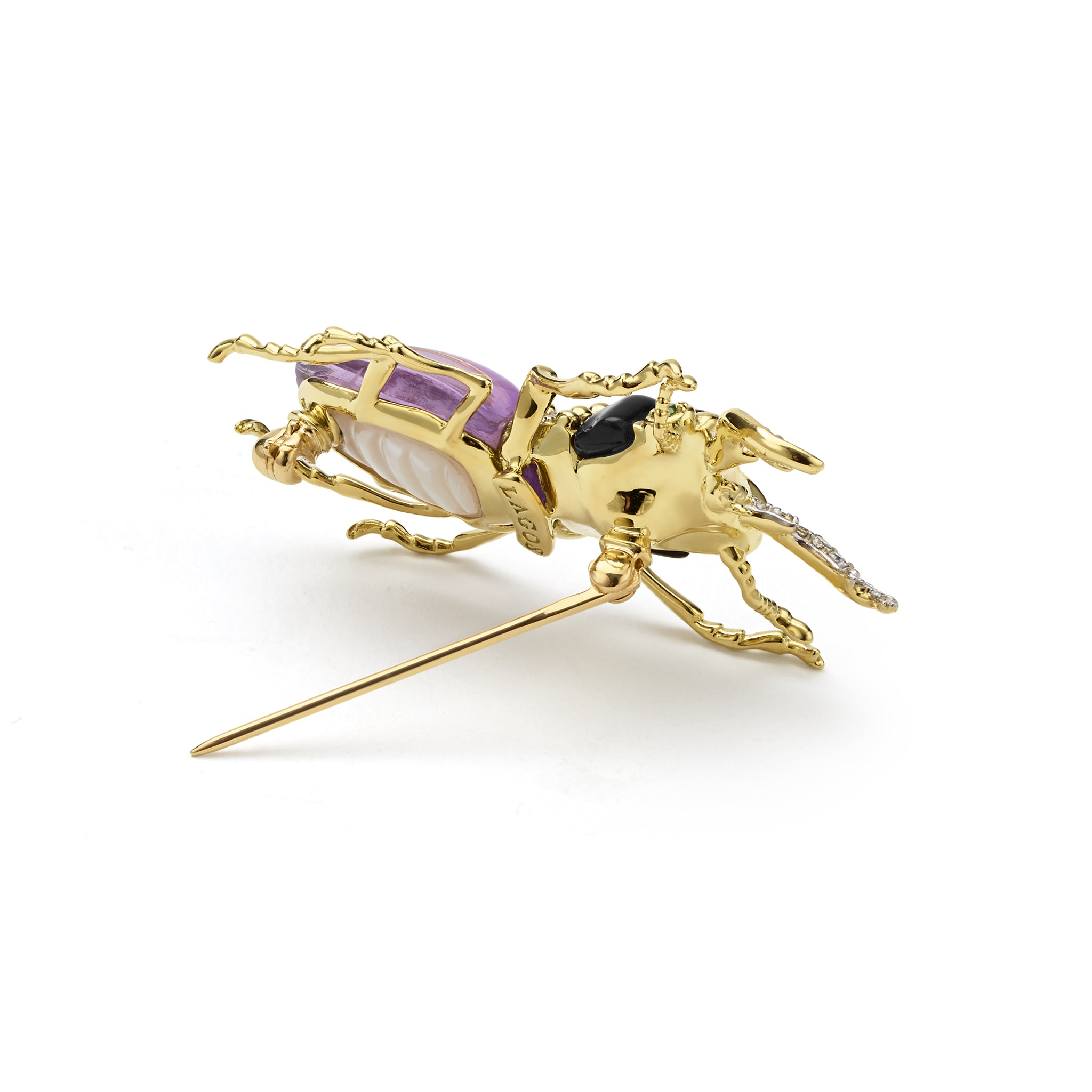 Rare Wonders 18K Gold Amethyst and Onyx Stag Beetle Pin