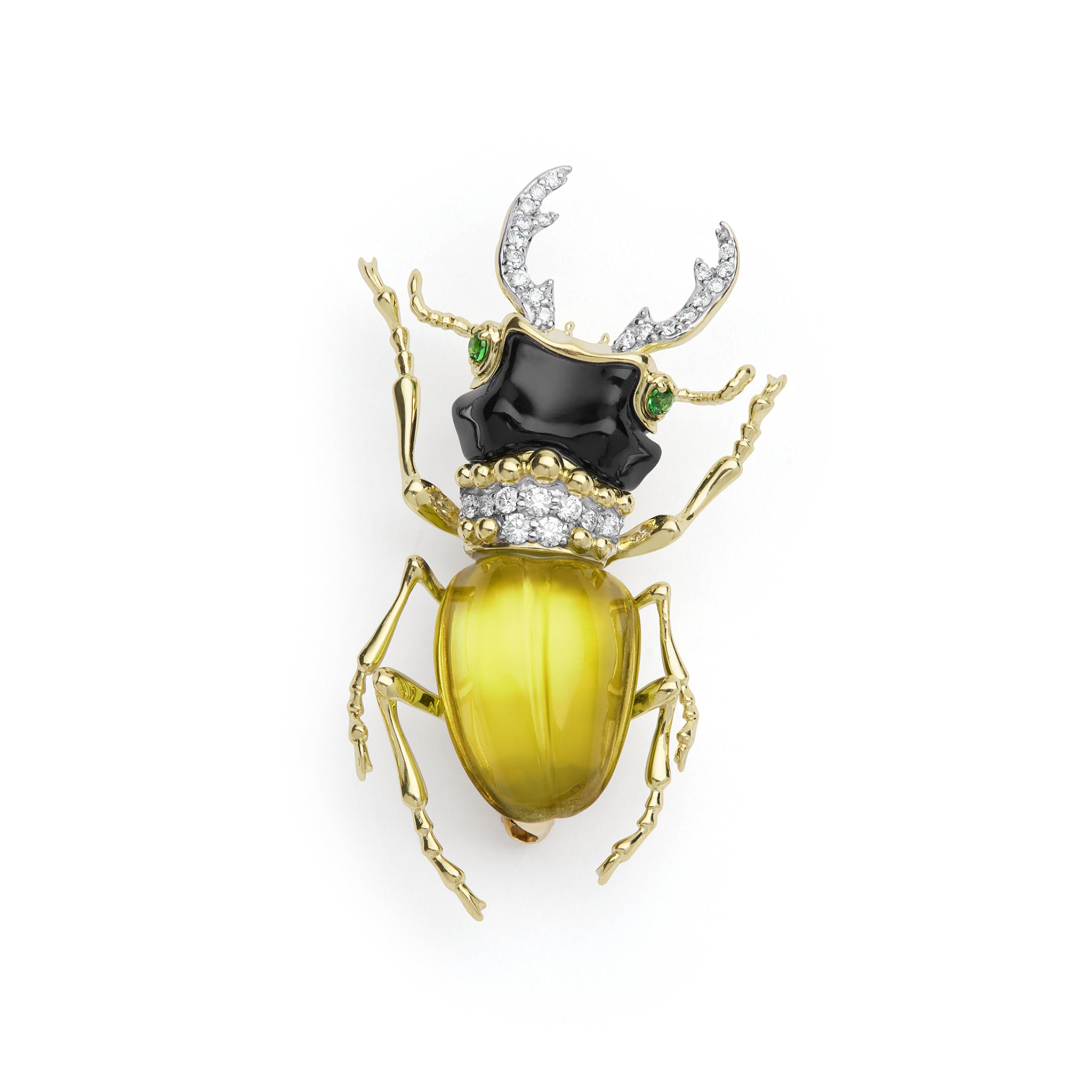 Rare Wonders 18K Gold Lemon Quartz and Onyx Stag Beetle Pin