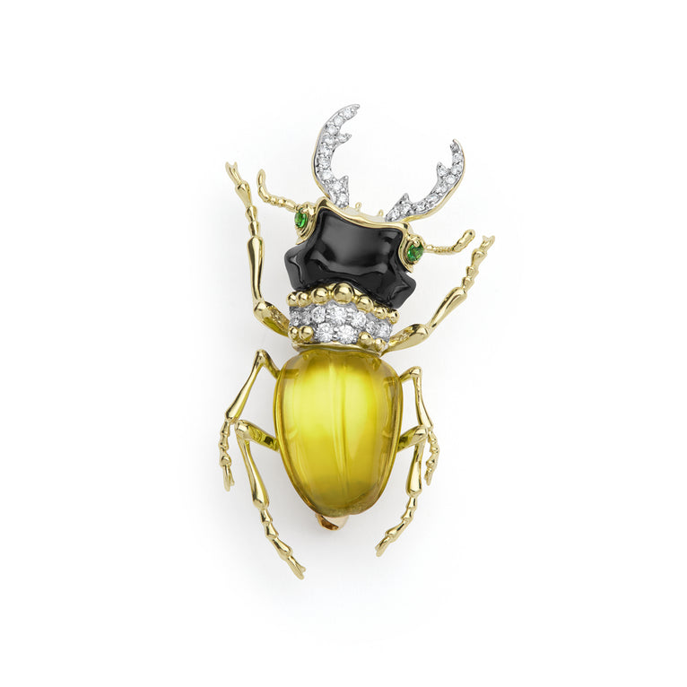 Rare Wonders 18K Gold Lemon Quartz and Onyx Stag Beetle Pin