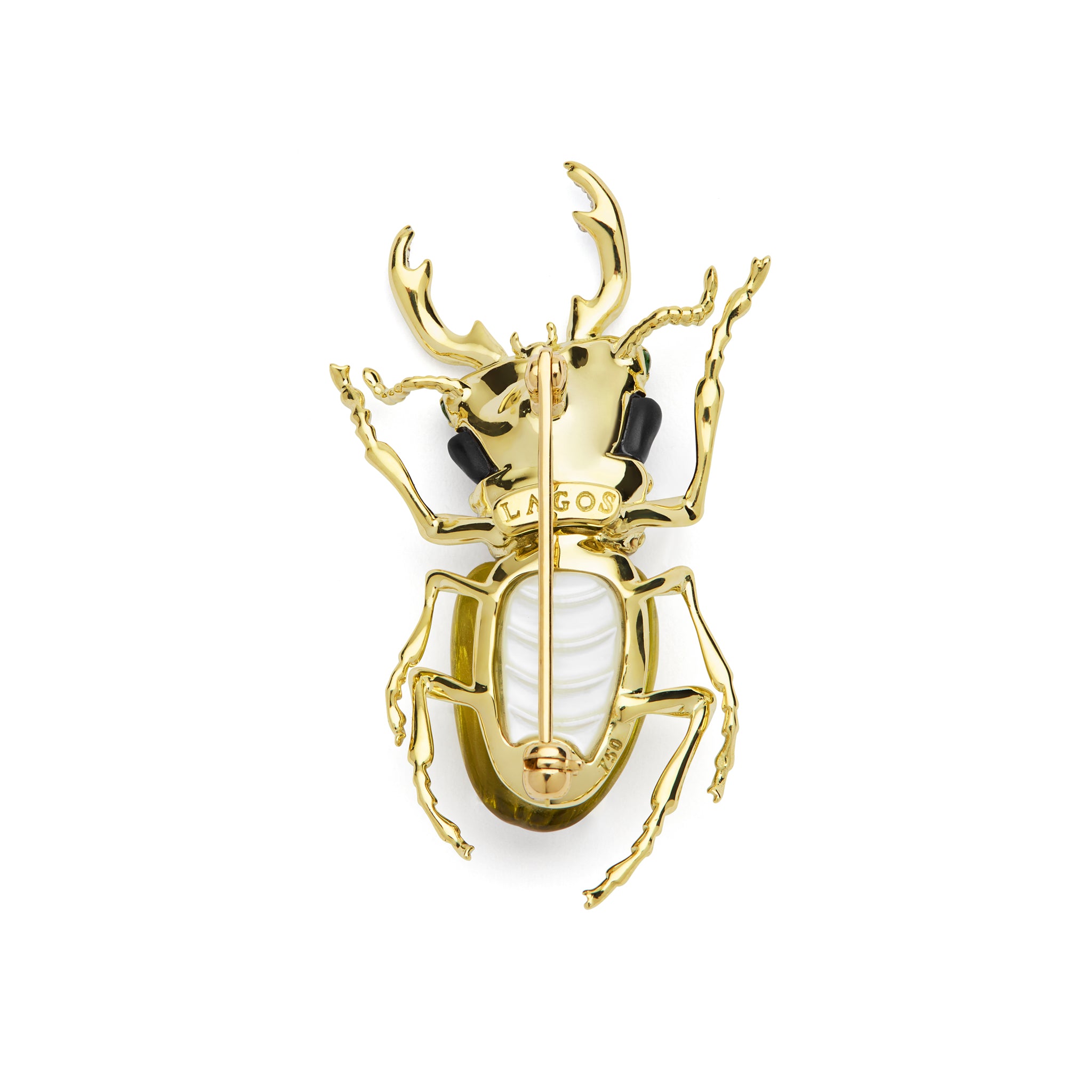 Rare Wonders 18K Gold Lemon Quartz and Onyx Stag Beetle Pin
