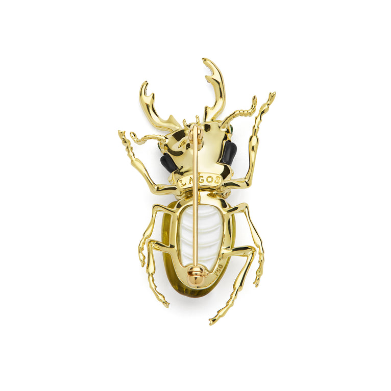 Rare Wonders 18K Gold Lemon Quartz and Onyx Stag Beetle Pin