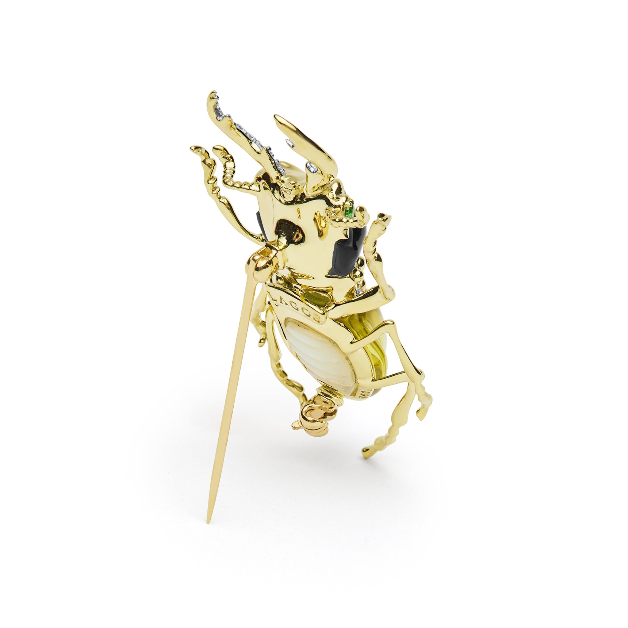 Rare Wonders 18K Gold Lemon Quartz and Onyx Stag Beetle Pin