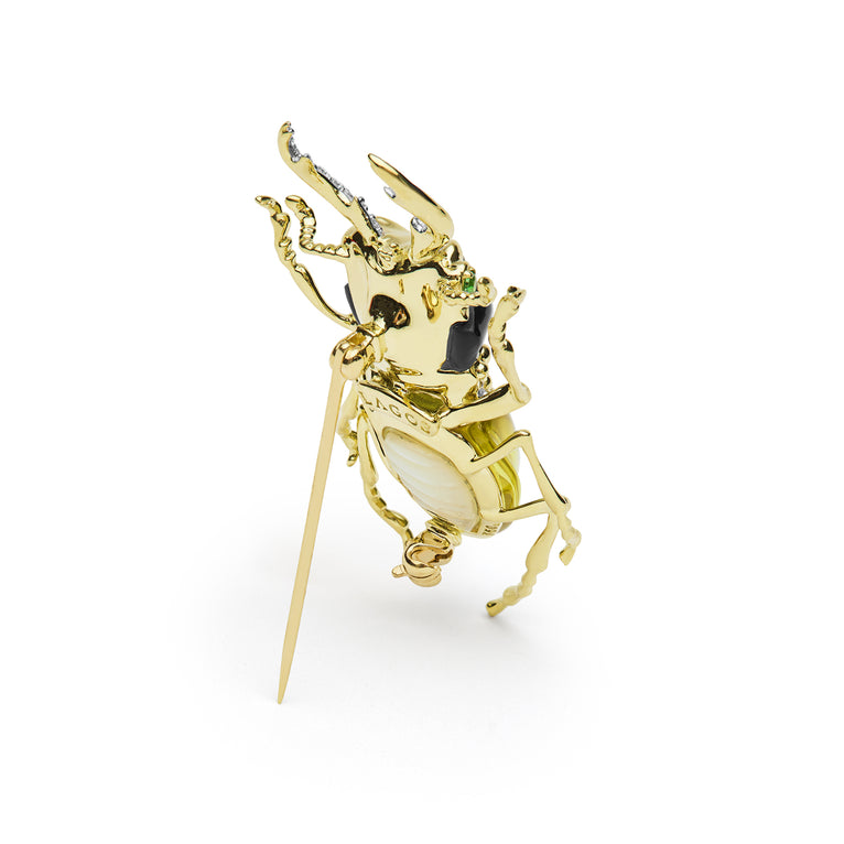 Rare Wonders 18K Gold Lemon Quartz and Onyx Stag Beetle Pin