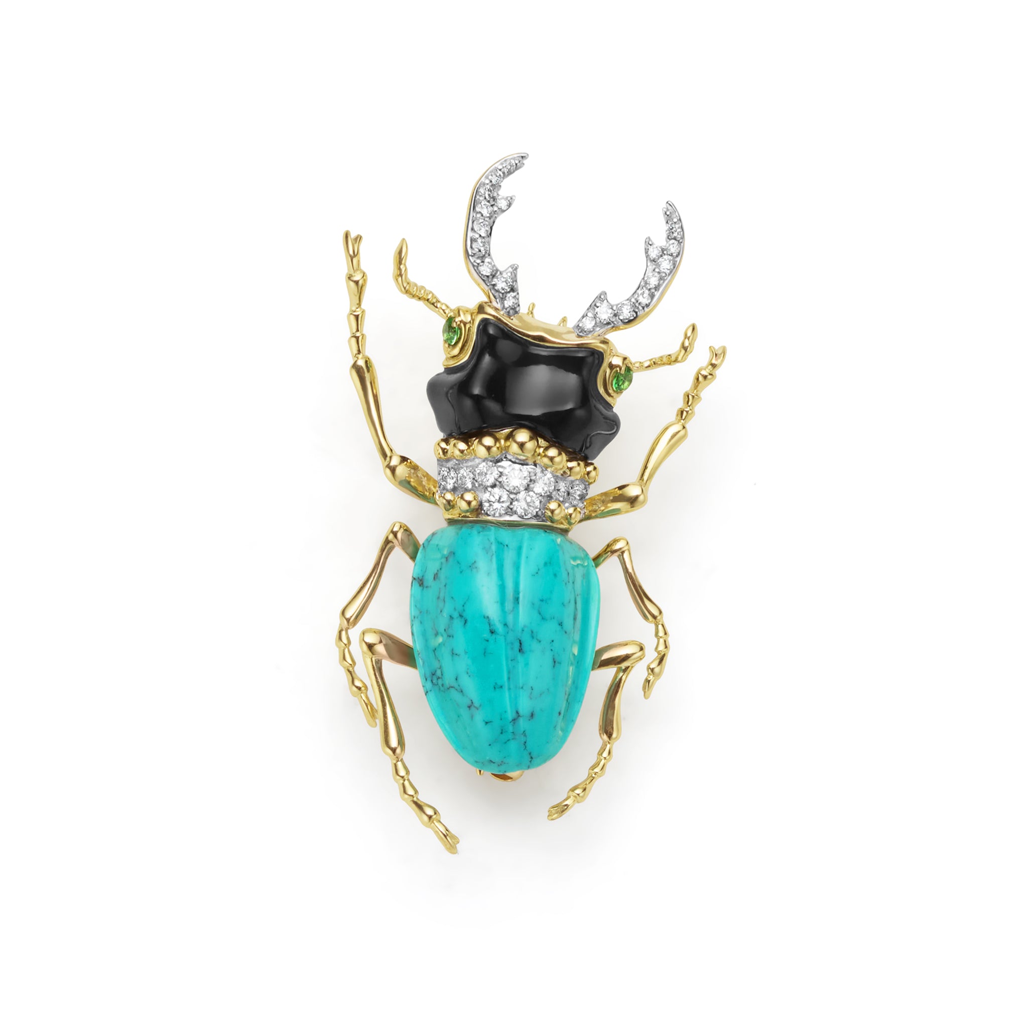 Rare Wonders 18K Gold Turquoise and Onyx Stag Beetle Pin