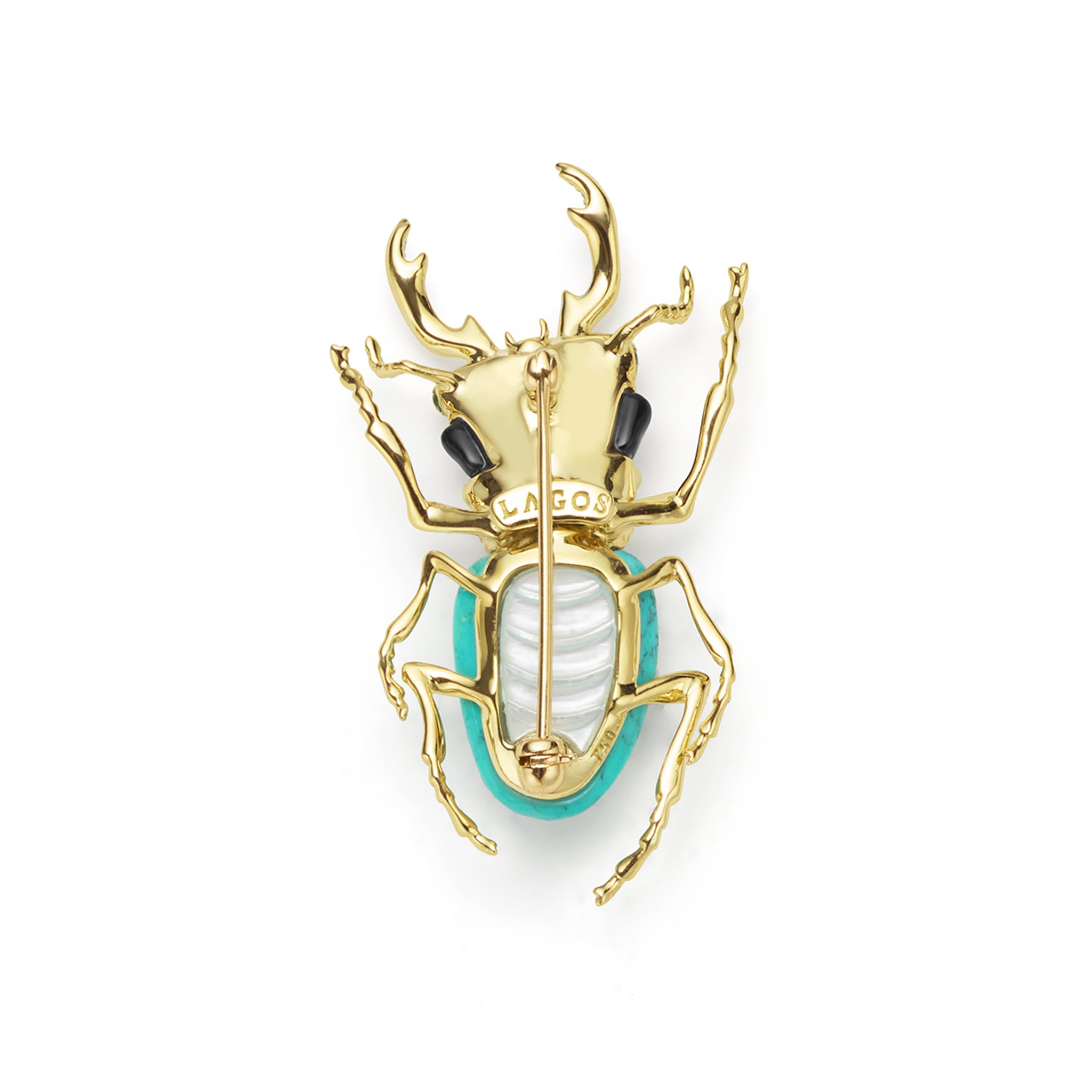 Rare Wonders 18K Gold Turquoise and Onyx Stag Beetle Pin