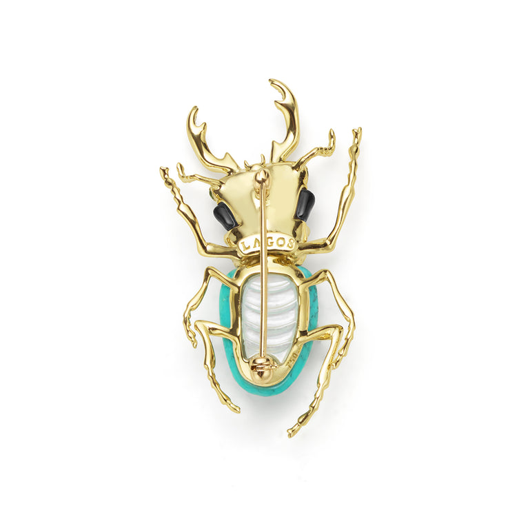 Rare Wonders 18K Gold Turquoise and Onyx Stag Beetle Pin