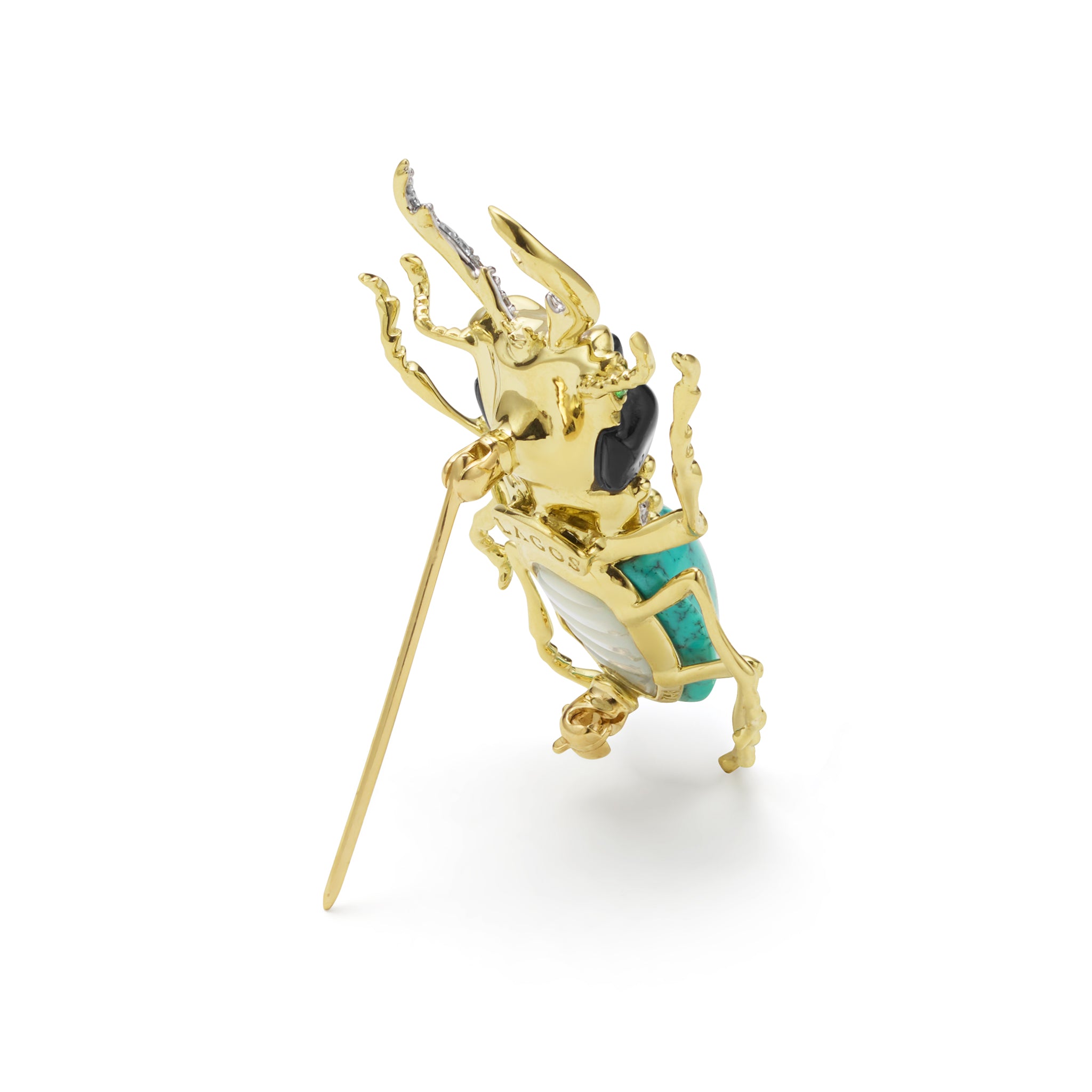 Rare Wonders 18K Gold Turquoise and Onyx Stag Beetle Pin