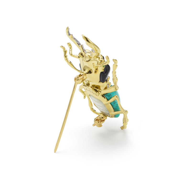 Rare Wonders 18K Gold Turquoise and Onyx Stag Beetle Pin