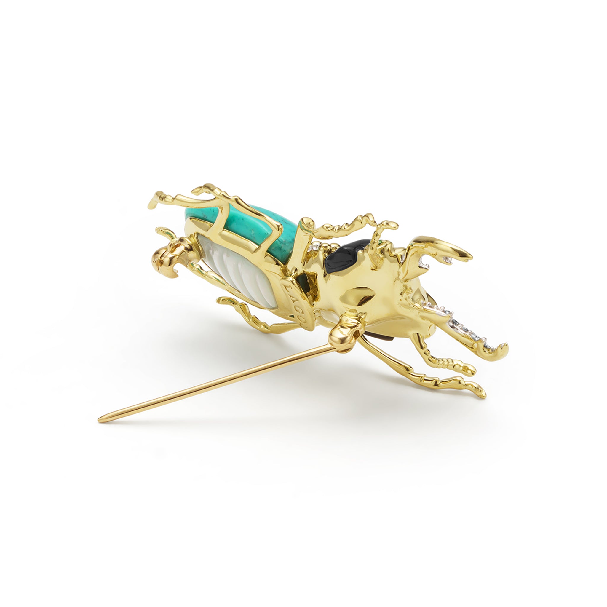 Rare Wonders 18K Gold Turquoise and Onyx Stag Beetle Pin
