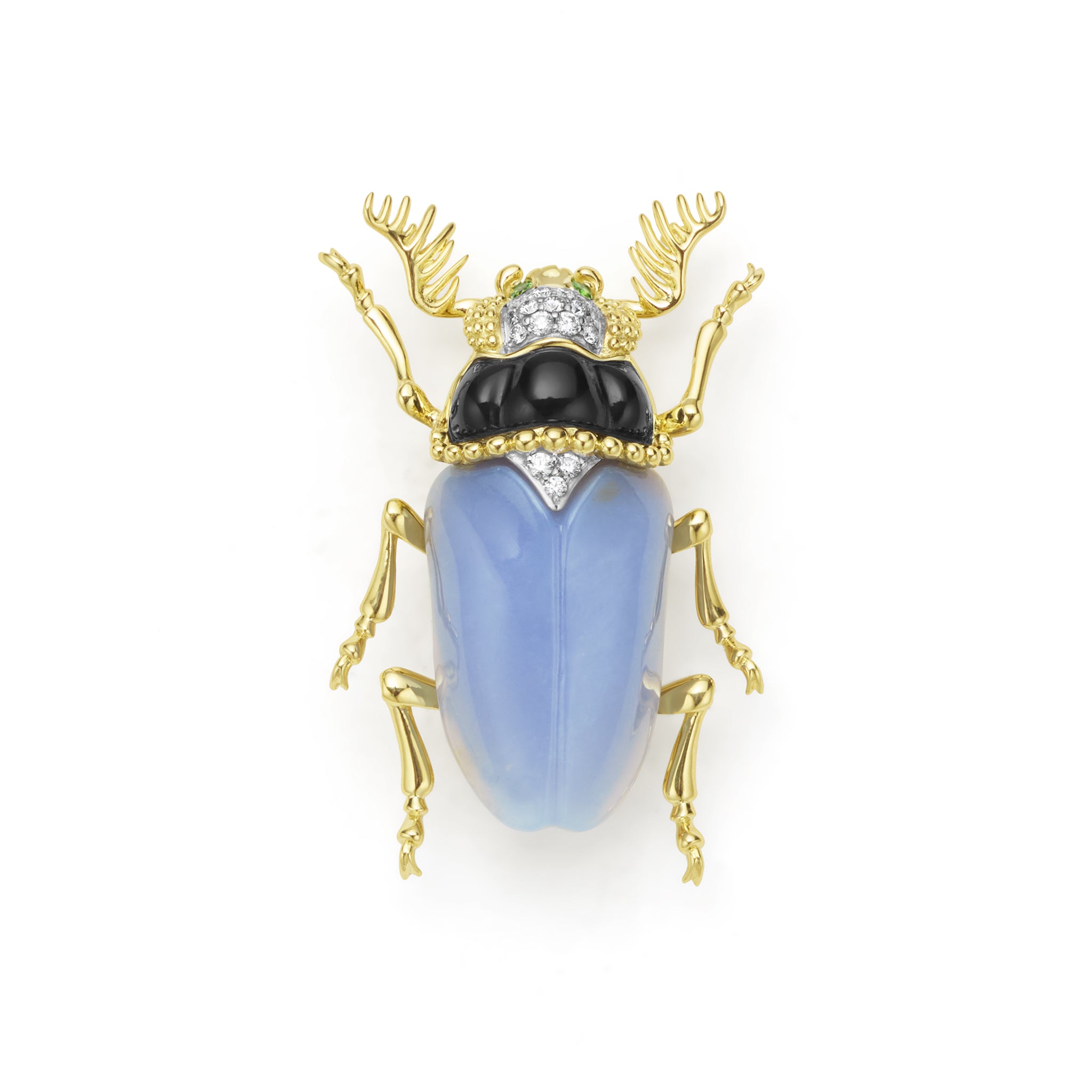 Rare Wonders 18K Gold Blue Chalcedony and Onyx Beetle Pin