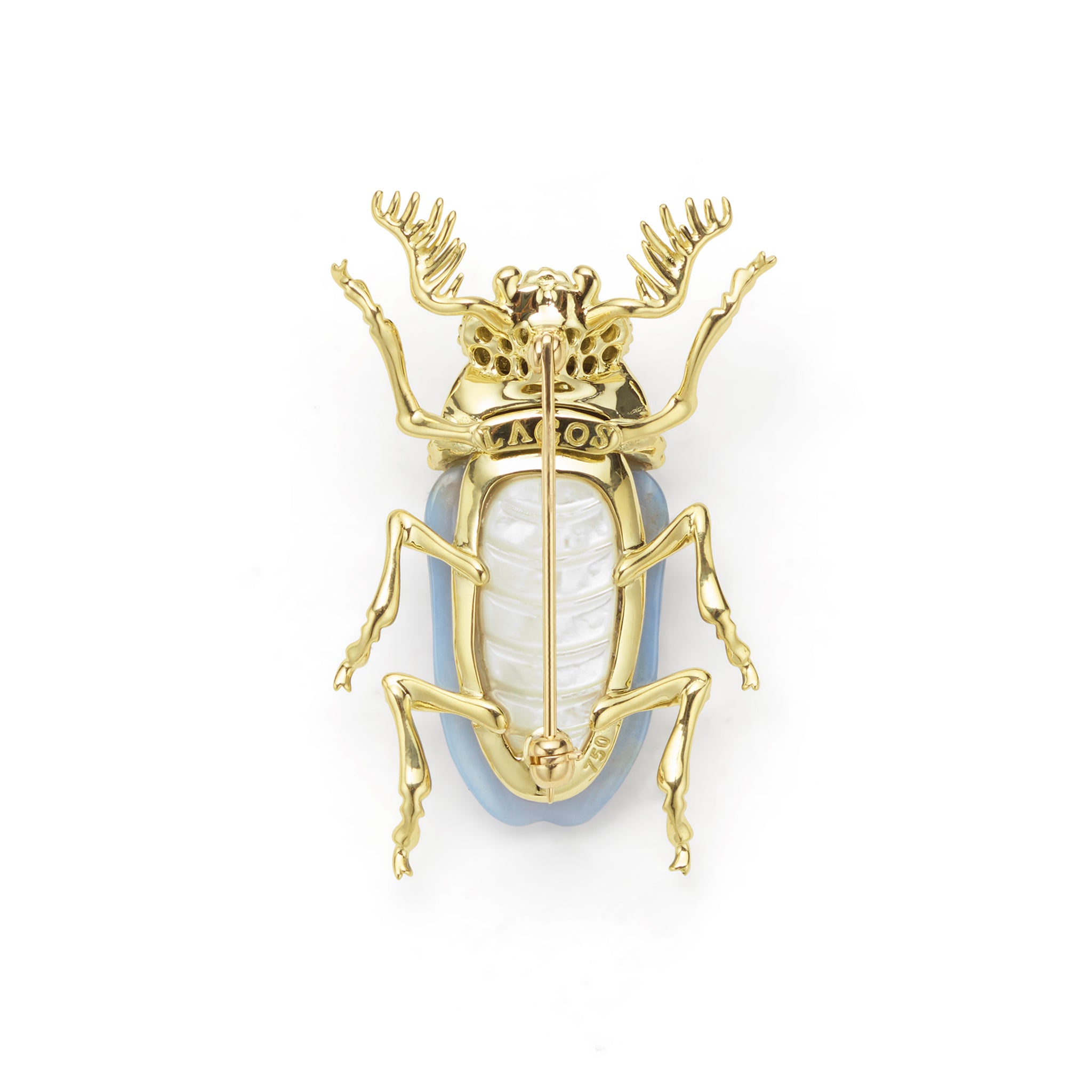 Rare Wonders 18K Gold Blue Chalcedony and Onyx Beetle Pin