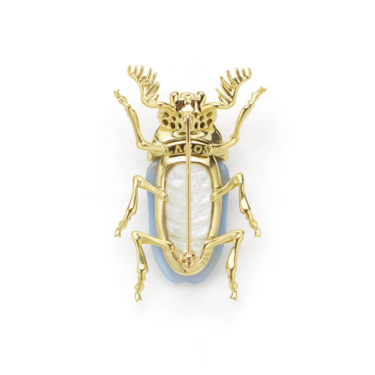 Rare Wonders 18K Gold Blue Chalcedony and Onyx Beetle Pin