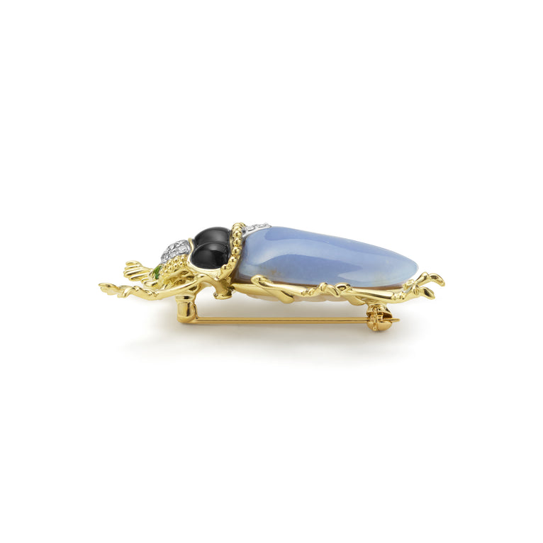 Rare Wonders 18K Gold Blue Chalcedony and Onyx Beetle Pin