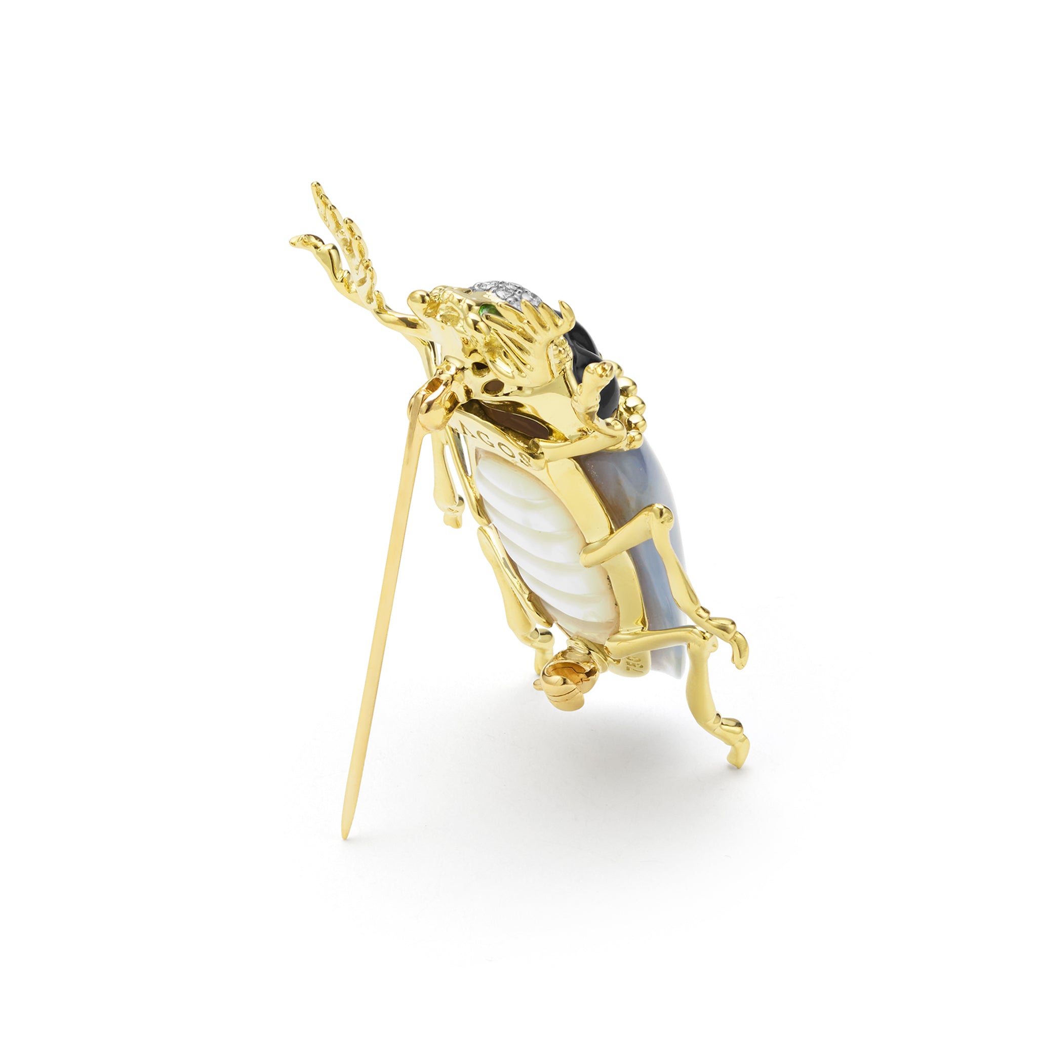 Rare Wonders 18K Gold Blue Chalcedony and Onyx Beetle Pin