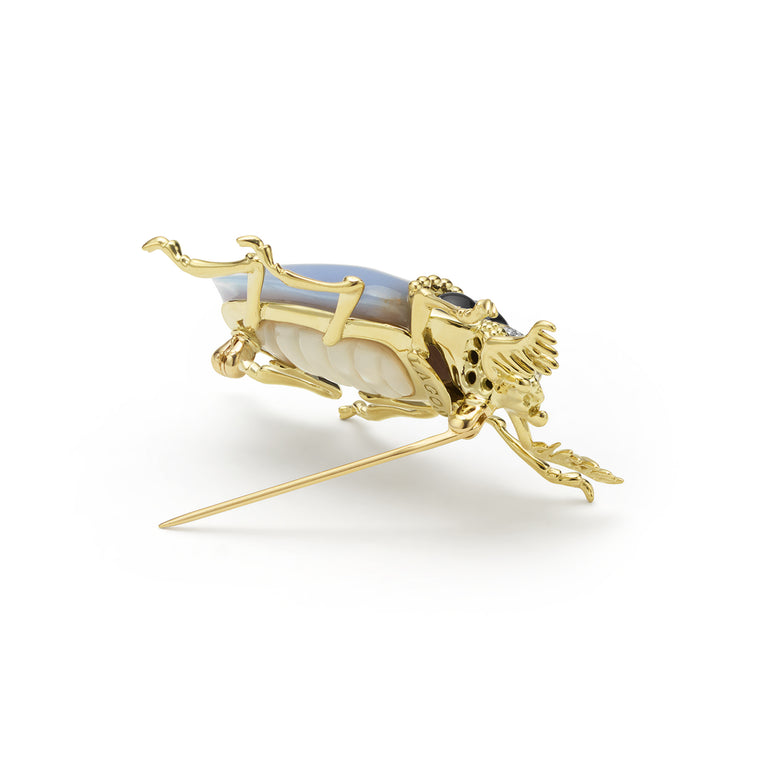Rare Wonders 18K Gold Blue Chalcedony and Onyx Beetle Pin