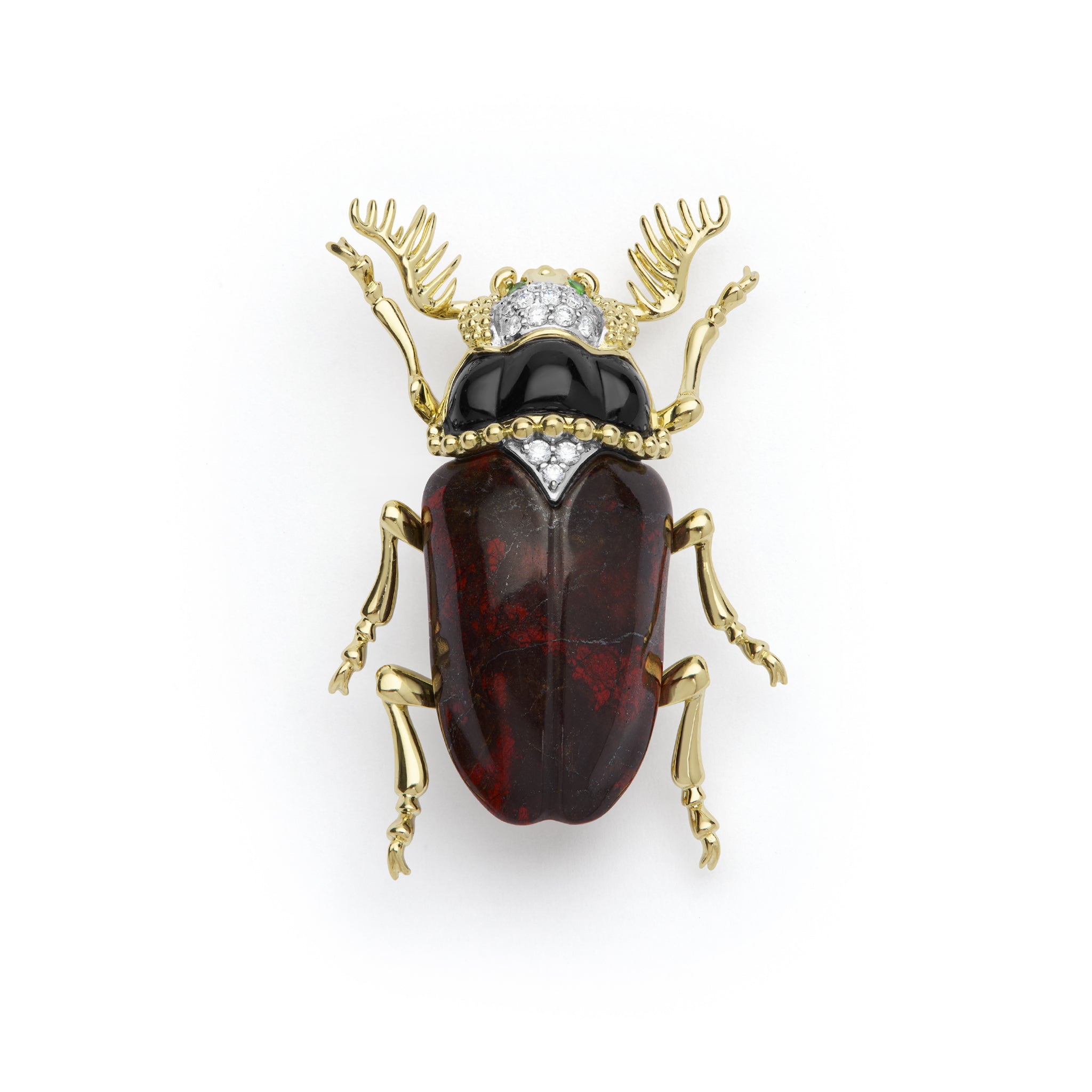 Rare Wonders 18K Iddingsite and Onyx Beetle Pin