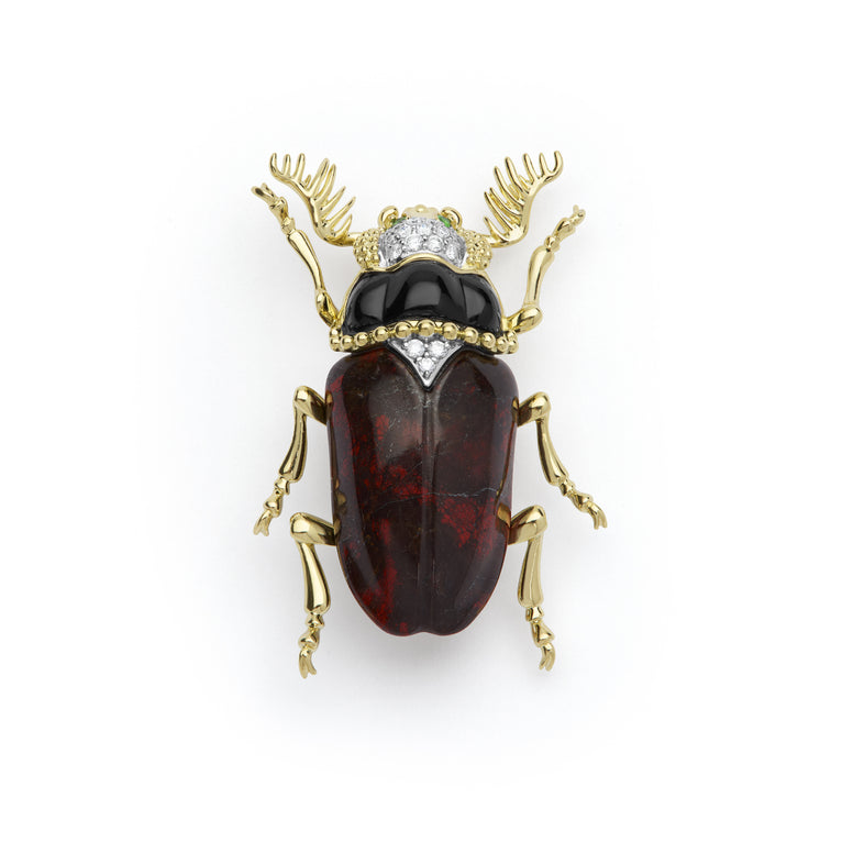 Rare Wonders 18K Iddingsite and Onyx Beetle Pin