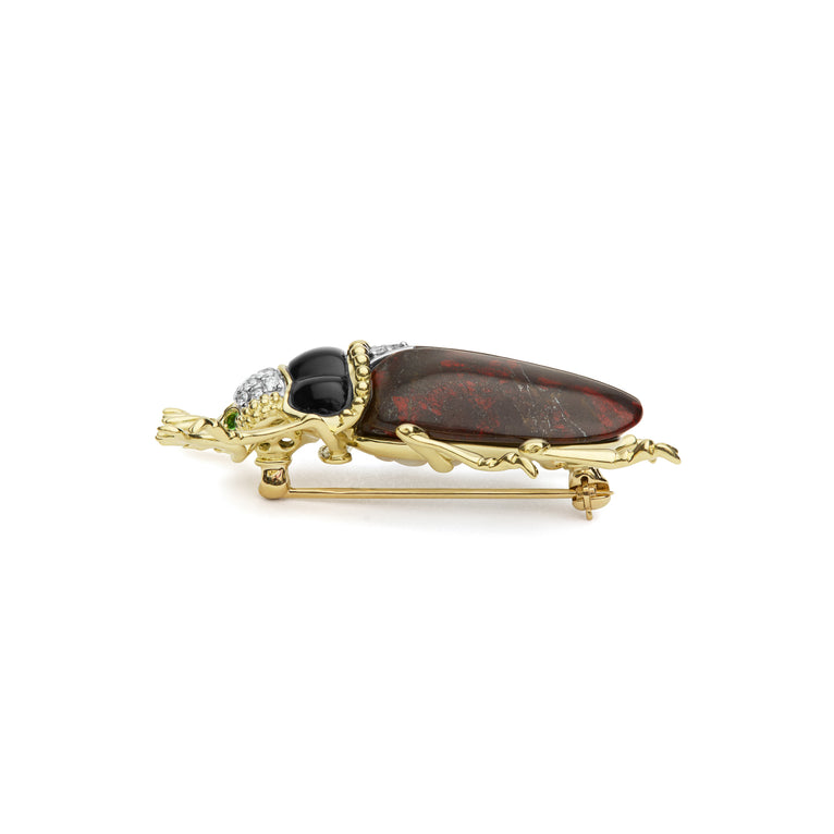 Rare Wonders 18K Iddingsite and Onyx Beetle Pin