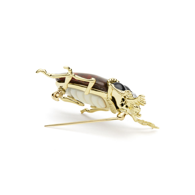Rare Wonders 18K Iddingsite and Onyx Beetle Pin