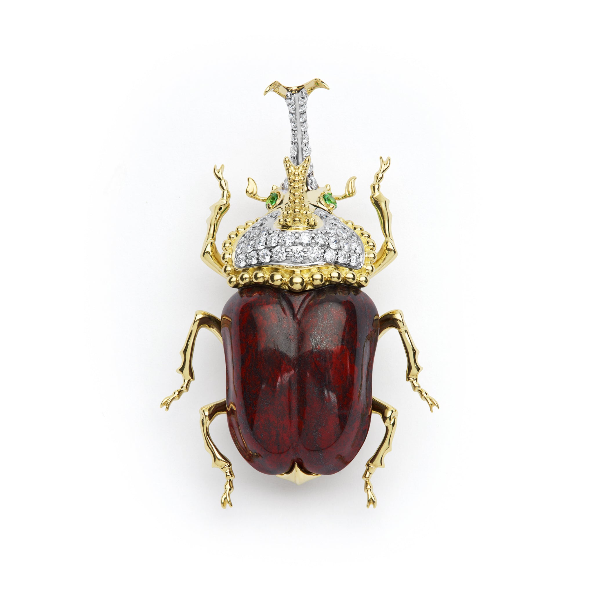 Rare Wonders 18K Gold Iddingsite and Diamond Hercules Beetle Pin