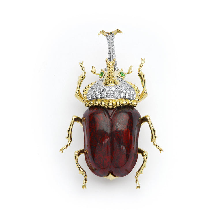 Rare Wonders 18K Gold Iddingsite and Diamond Hercules Beetle Pin