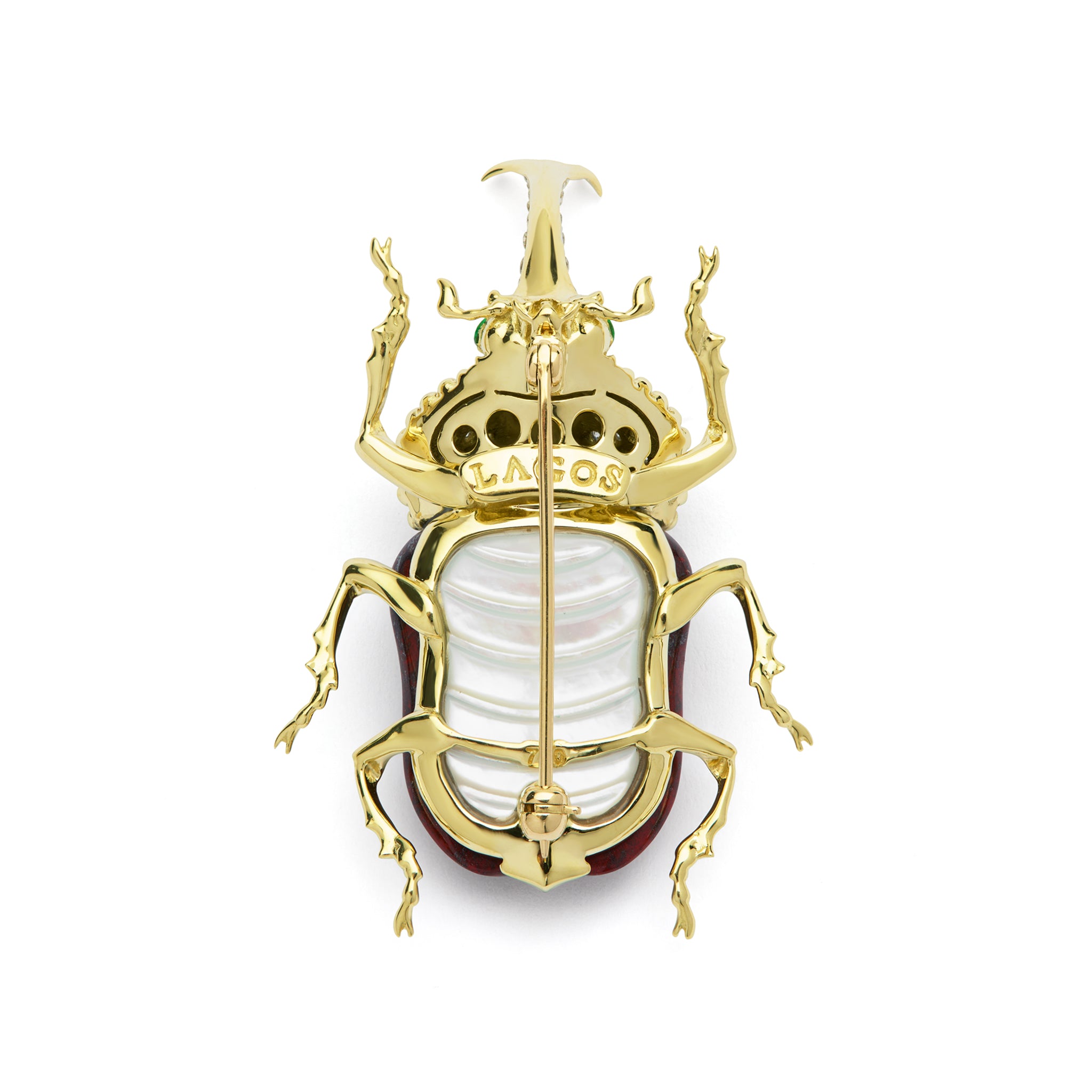 Rare Wonders 18K Gold Iddingsite and Diamond Hercules Beetle Pin