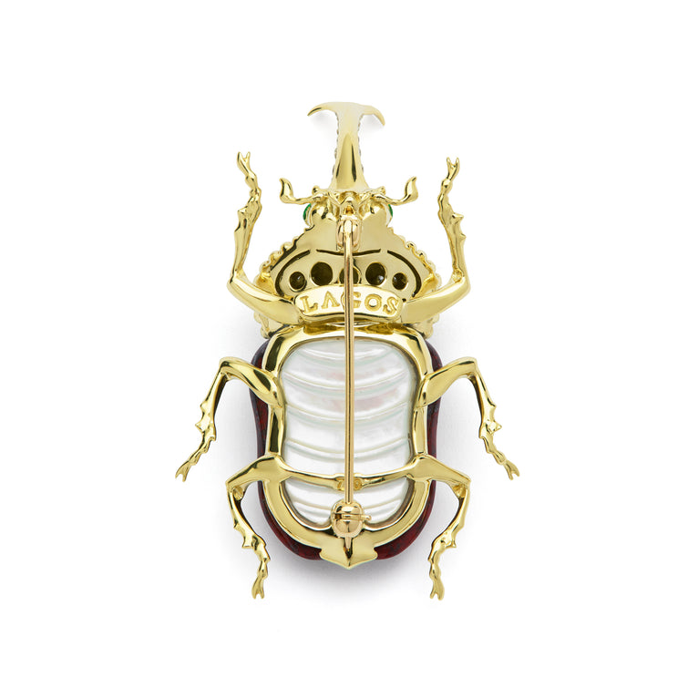 Rare Wonders 18K Gold Iddingsite and Diamond Hercules Beetle Pin