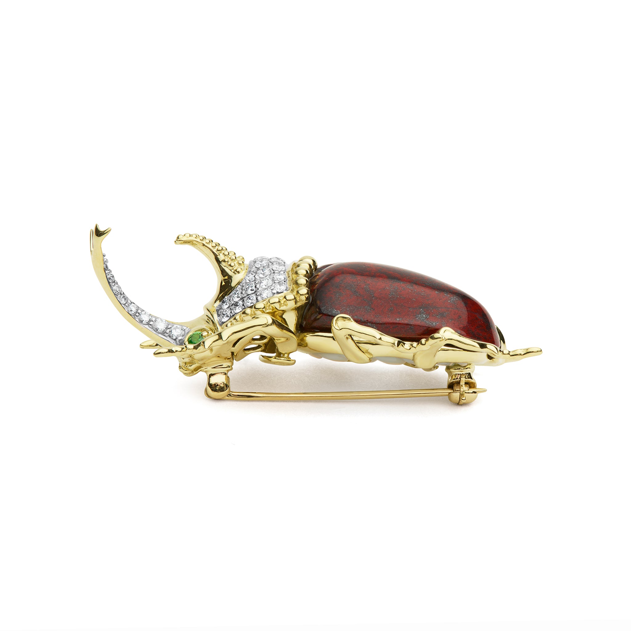 Rare Wonders 18K Gold Iddingsite and Diamond Hercules Beetle Pin