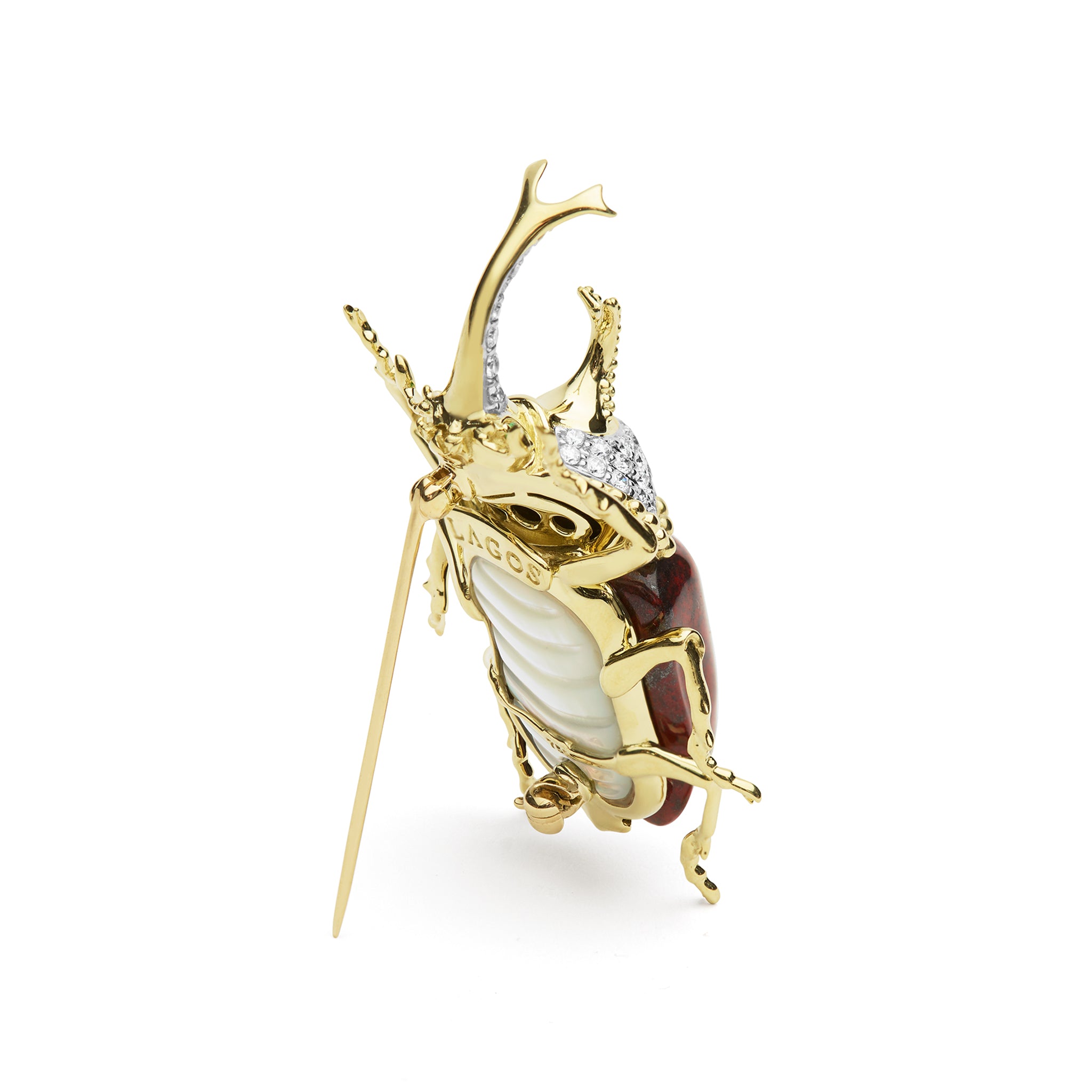 Rare Wonders 18K Gold Iddingsite and Diamond Hercules Beetle Pin