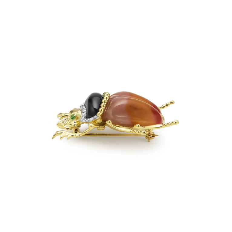 Rare Wonders 18K Gold Agate and Diamond Scarab Beetle Pin