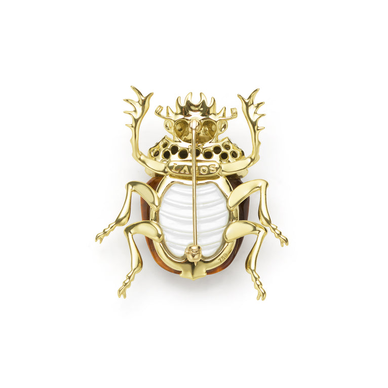 Rare Wonders 18K Gold Tigers Eye and Diamond Scarab Beetle Pin